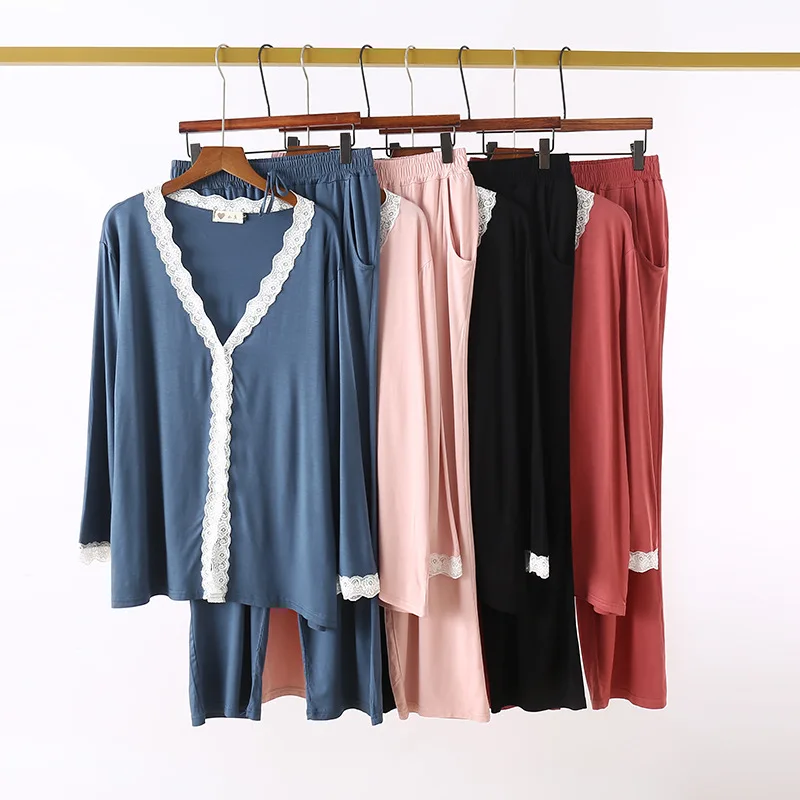 

Women Soft Modal Pijamas Set V-neck Lace Trim Cardigan Trousers Pyjama Set Casual Home Wear Two-piece Loose Sleepwear Suit