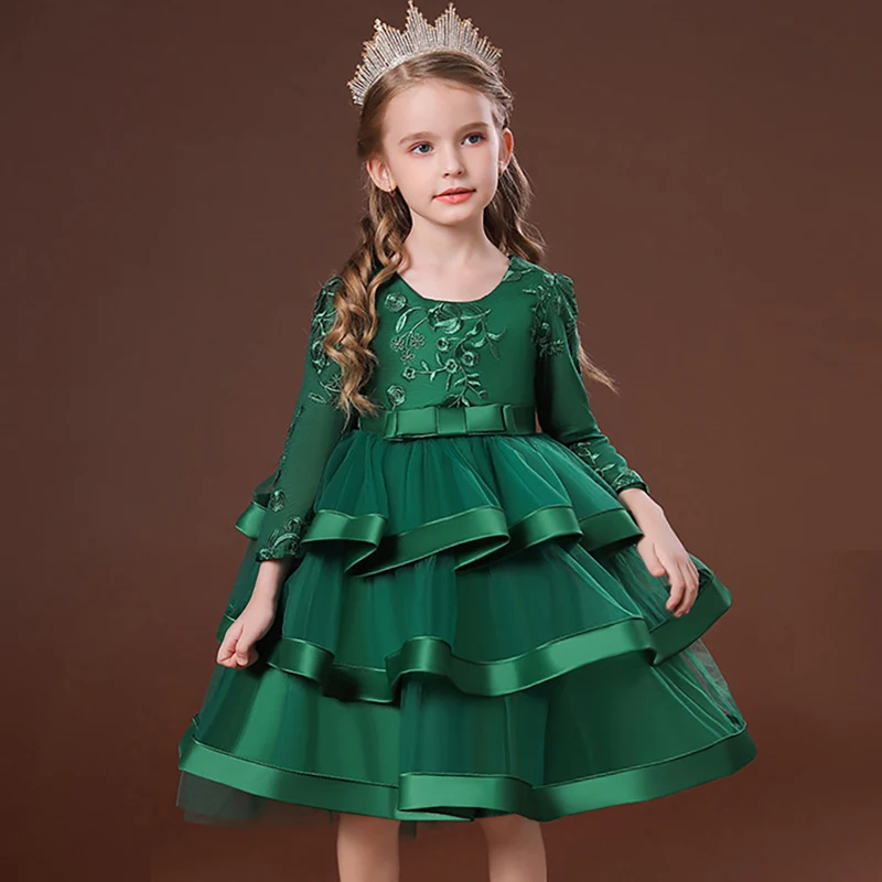 

New Girls Autumn And Winter Long Sleeve Embroidered Tuxedo Flower Girls Formal Eucharist Party Dinner Back Bow Tail Cake dress