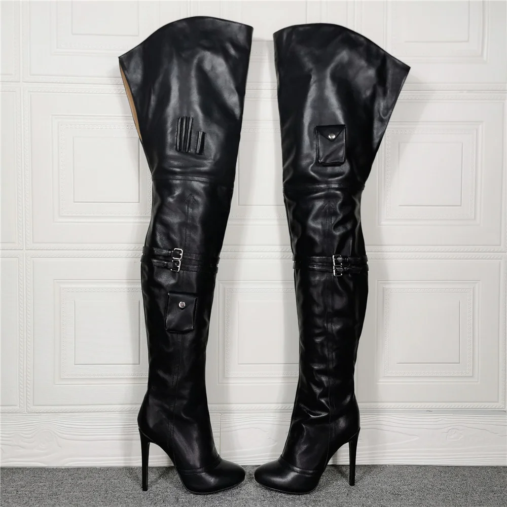 China Factory Handmade Black Big Shaft Boots High Heel Custom Boots Big Size 47 Women Over Knee Boots