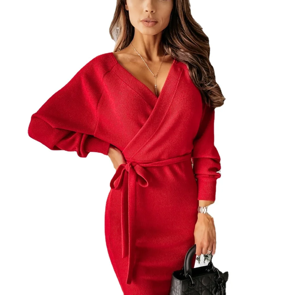 

2021 Fashion Women's Dresses Sexy Off Shoulder Long Sleeve Lace-Up Slim Waist Women Beach Gowns Knee-Length Ladies Casual Dress