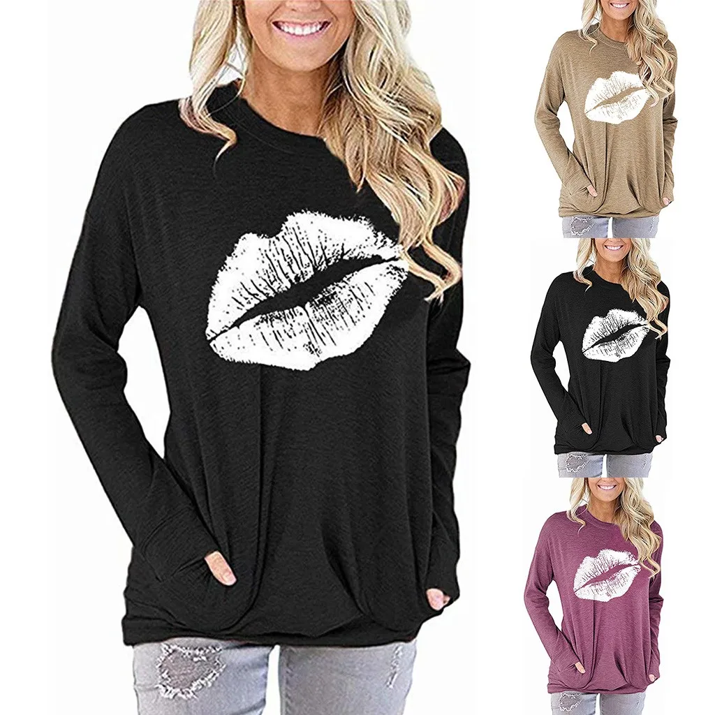 Женская блузка с длинными рукавами принтом губ и поцелуев Повседневная рубашка