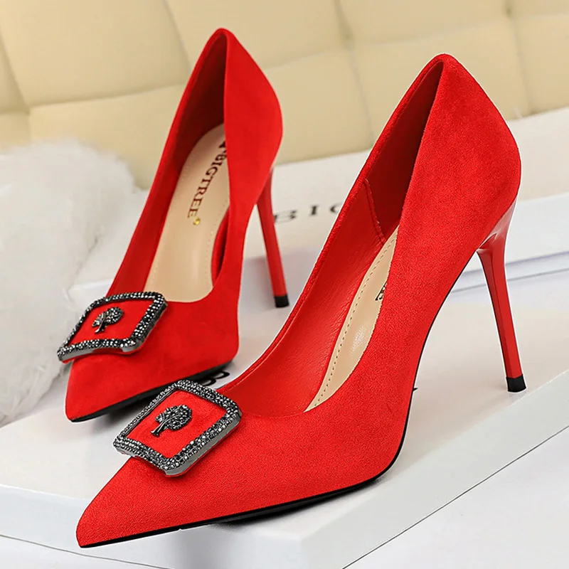 

Женские туфли-лодочки из флока, на высоком каблуке, с острым носком, большие размеры 43