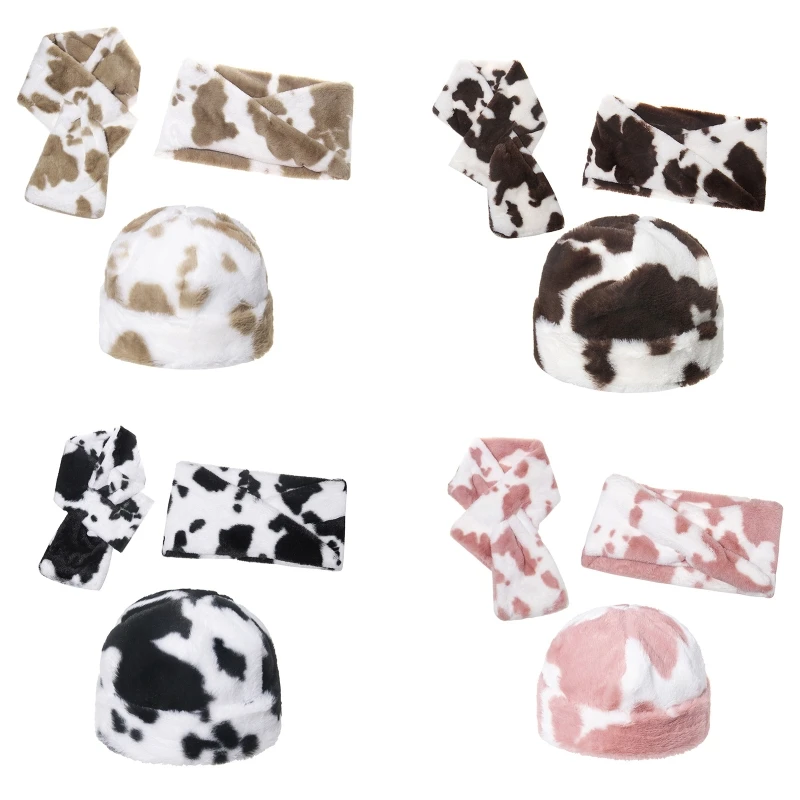 

3Pcs Winter Milk Cow Print Fluffy Plush Warm Beanie Skull Hat with Scarf Set