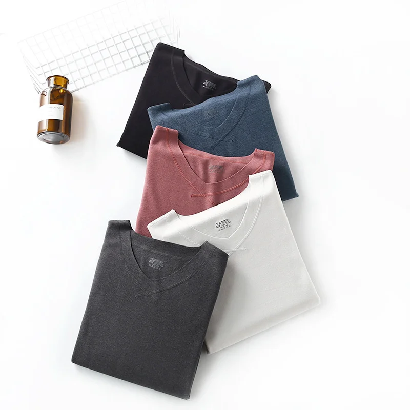 

Autumn and winter new men's vertical strip double-sided frosted de Velvet Heart Cut Top double-sided heating warm V-neck T-shirt