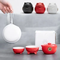 portable ceramic tea set cute cat travel tea set with tea pot tea cups travel bag anti scalding design vintage kungfu tea set