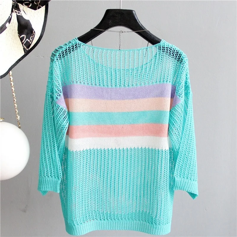 

Sexy Women Pullover Stripe Mesh Hollow Out Sweater Female 2021 Summer Loose Tops Half Sleeve Knitted Sunscreen Clothing