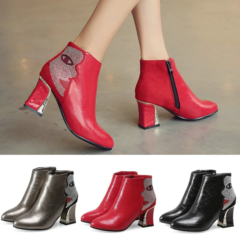 Лидер продаж модные женские ботинки с высоким берцем стразы молния обувь на