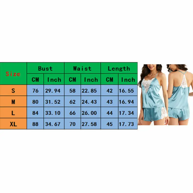 

US Women Sexy Satin Lace Sleepwear Babydoll Lingerie Nightdress Pajamas Set Patchwork lace Spaghetti Strap