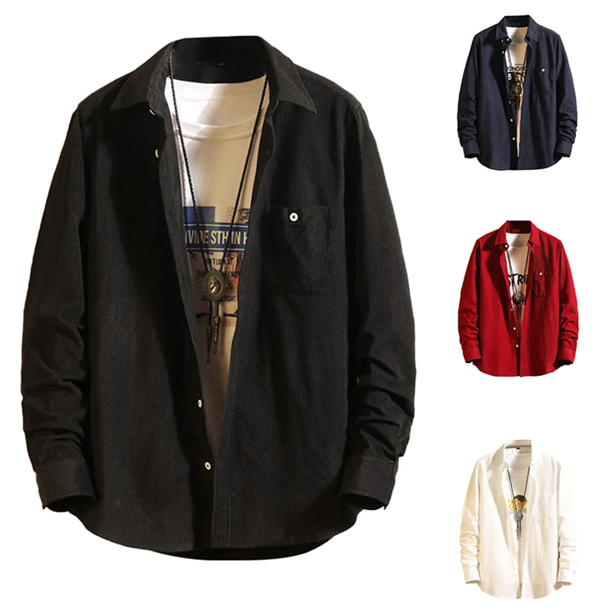 

Men Spring Autumn Solid Color Long Sleeve Shirts Lapel Buttons Turn Down Collar Casual Shirts Japaness Style Fashion Fresh