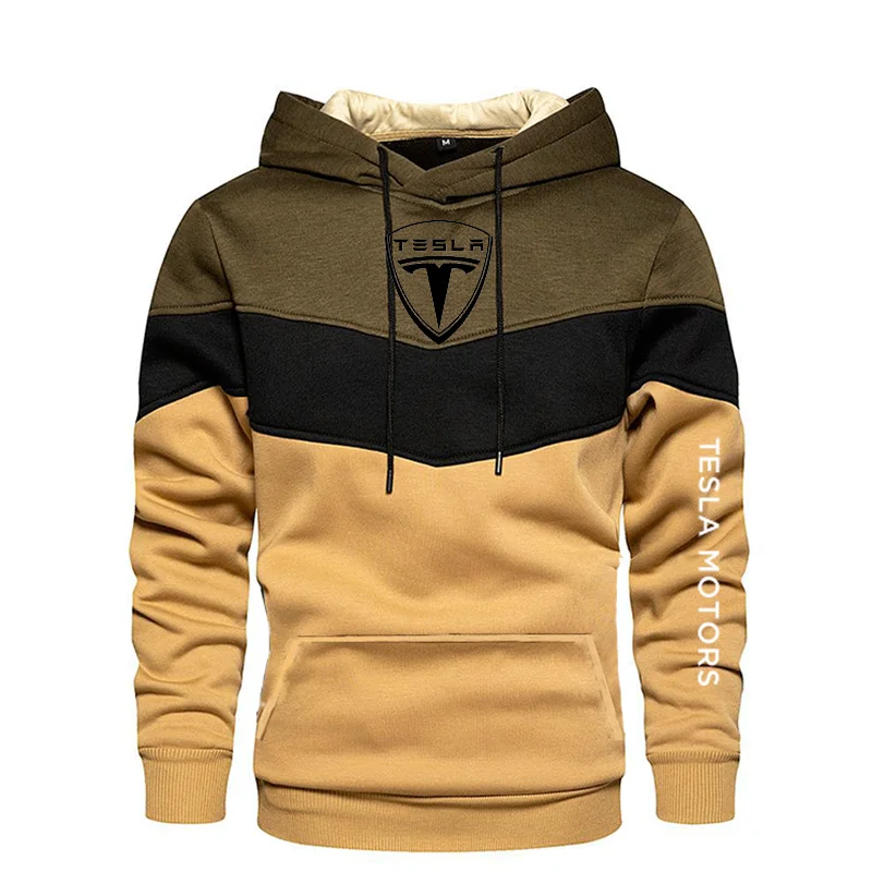 

2021 New Men Tesla Motors Logo Spring and Autumn Round Neck Casual Pullover Long Sleeve Patchwork Hoodie 5 Colors