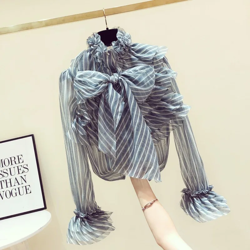 Женская шифоновая рубашка в полоску с длинным рукавом свободная блузка рюшами и