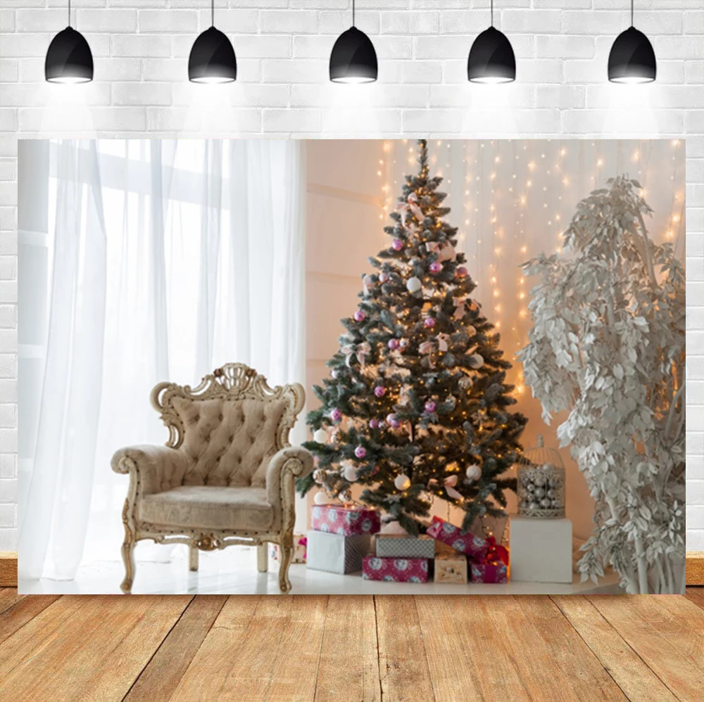 

Laeacco внутренняя кружевная занавеска Рождественская елка подарок Диван детский день рождения фон фотографический фон для фотостудии