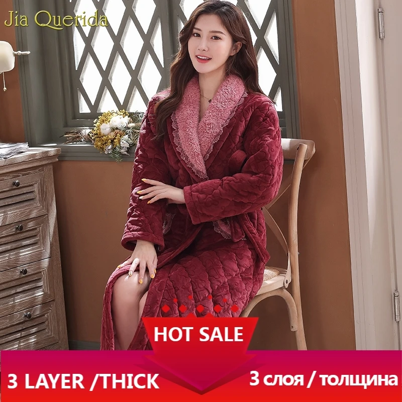 

Lingerie Robe Winter Ladies Long Gowns Elegant Home Robe Plus Size Thick 3 Layer Padded Thermal Kimono Bathrobe Women Winter New