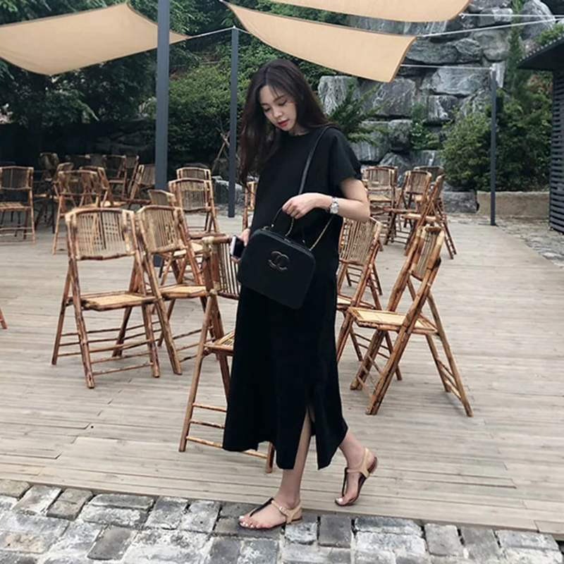 Летнее женское платье в Корейском стиле свободное черное с коротким рукавом