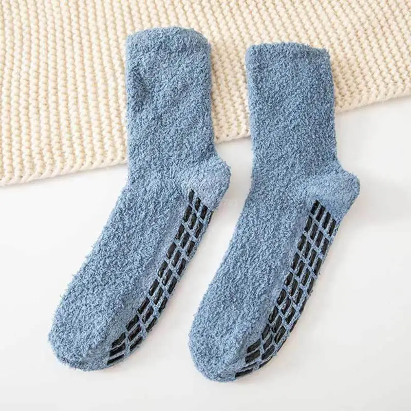 Men Winter Cozy Fuzzy Slipper Socks Simple Solid Color Non Slip Grip Warm Fluffy Plush Hospital Lounge Floor Sleeping Hosiery images - 6