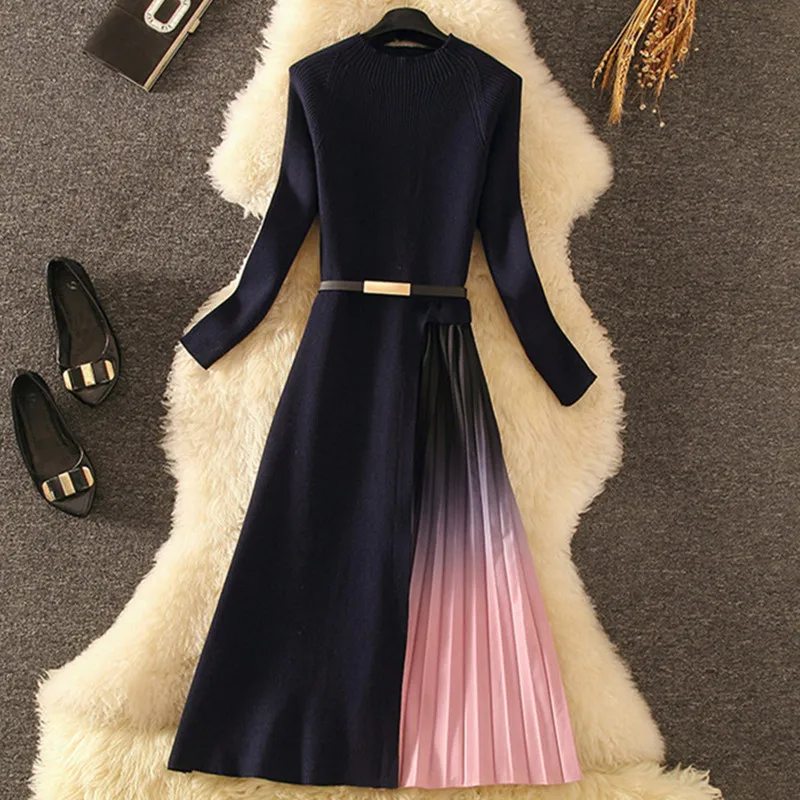 

Вечернее трикотажное платье миди, Элегантное Длинное приталенное плиссированное платье с длинным рукавом, Осень-зима 2021