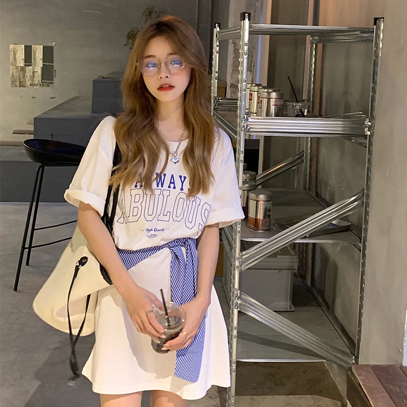 

Summer Korean Style 2021 New Loose Mid-Length Blouse Missing Sweet Cool Letters Short Sleeve T-shirt Top Women's Clothing