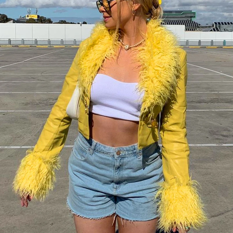 Women Faux Leather Jackets Fur Trim PU Leather Cropped Cardigan V Plush Neck Snap Coat