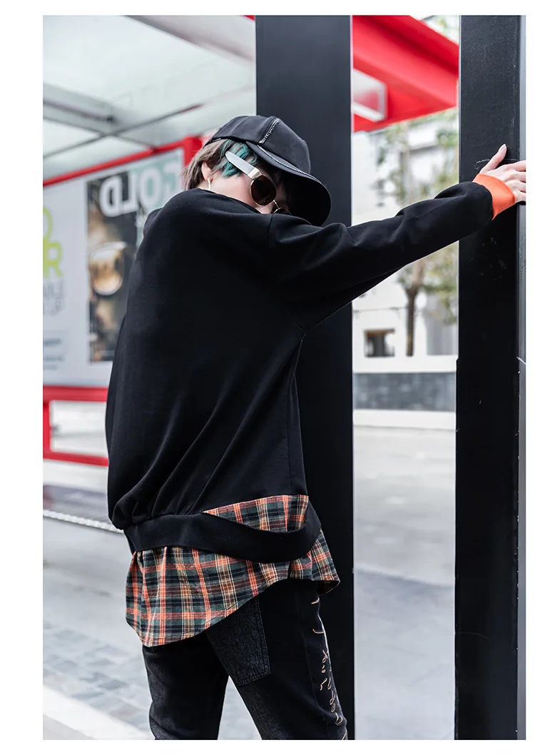 

Fashion sweatshirt women plaid stitching fake two-piece sweatshirt personality printing casual women new street clothes women