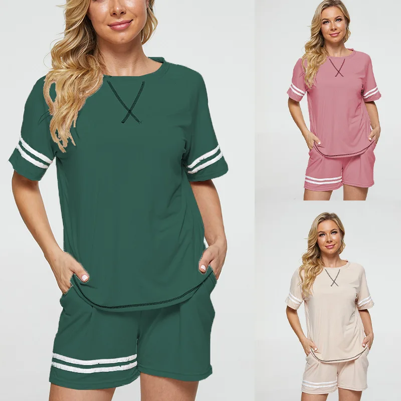 

Women Summer Sportwear Suit 2021 New Fashion Short Sleeve Round Neck Striped Tracksuit Loose Tops T Shirt+Shorts 2 Piece Set