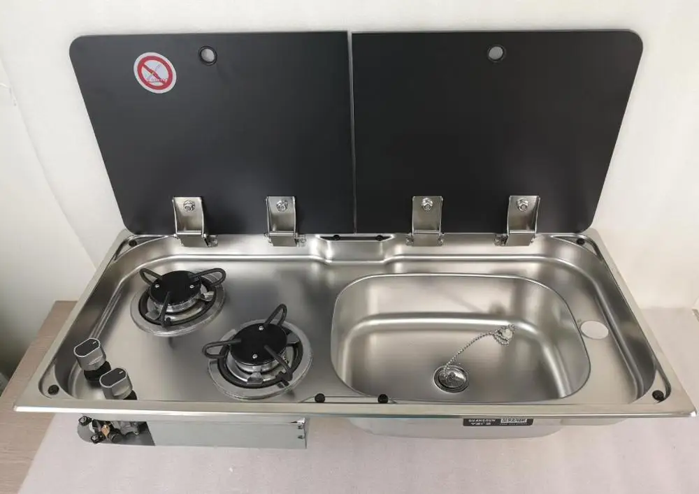 Without Faucet Лодка Караван RV Кемпер 2 горелки LPG газовая плита конфорка и комбинированная раковина с 2 закаленное Стекло Топ 775*365*150/120 мм GR-904RD - Цвет: Without Faucet