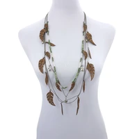 green tree leaf statement women bohemin trendy ethnic long seed beads strand crystal pendant necklace fashion jewelry