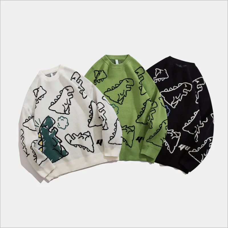 

Sweater Men Harajuku Fashion Knitted Hip Hop Streetwear Dinosaur Patterned Pullover O-neck Oversize Casual Couple Male Sweaters