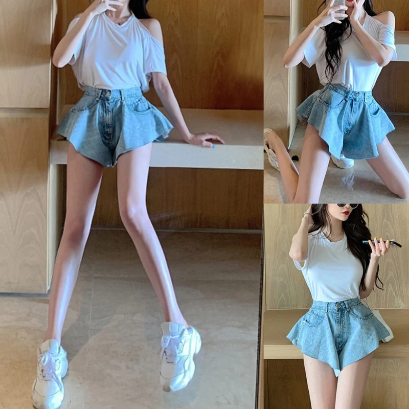 

Women Mid Waist Sexy Flared Jeans Shorts Pleated Wide Leg Slim Denim Short Pants