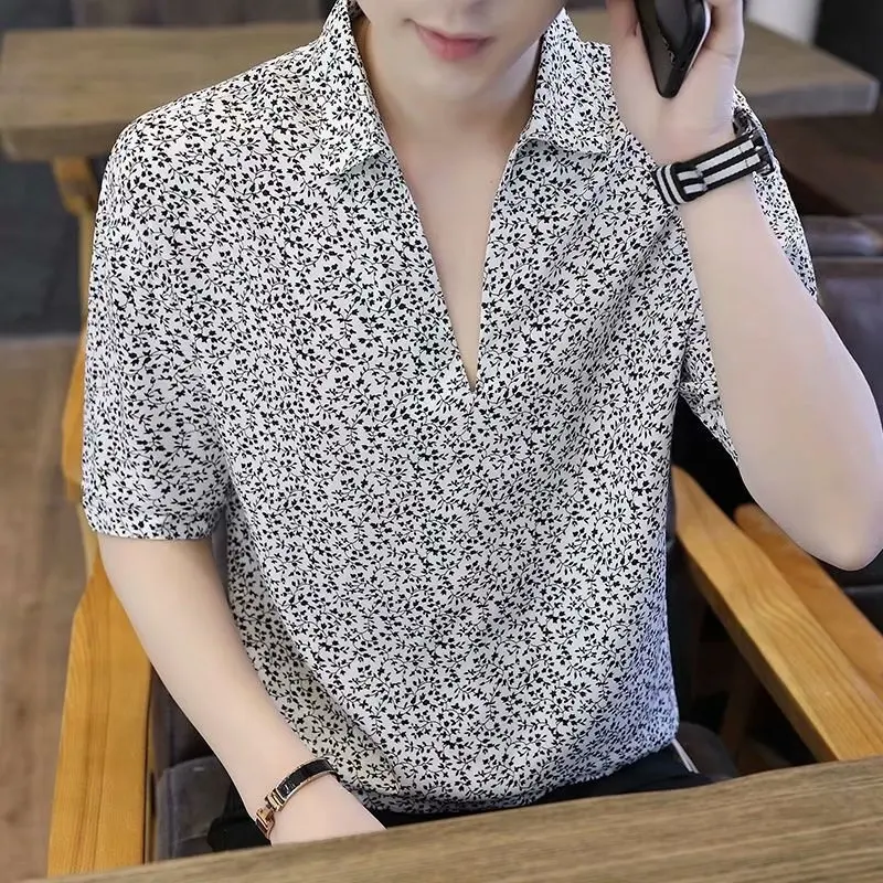 

Short sleeve floral shirt V-neck T-shirt summer fashion men's wear