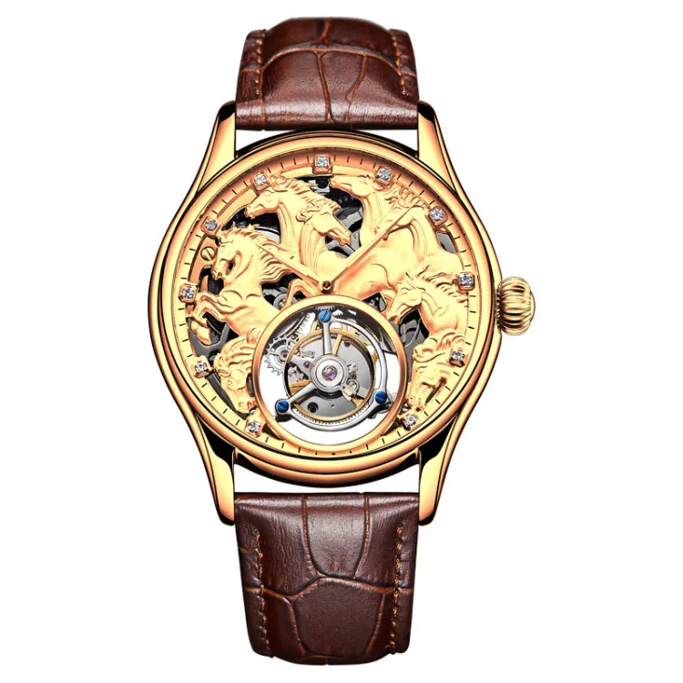 Gold Топ бренд для мужчин Tourbillon механические часы Зодиак лошадь Скелет 24 К золото кожа для мужчин s Чайка Tourbillon часы Поддержка на заказ - Цвет: Gold