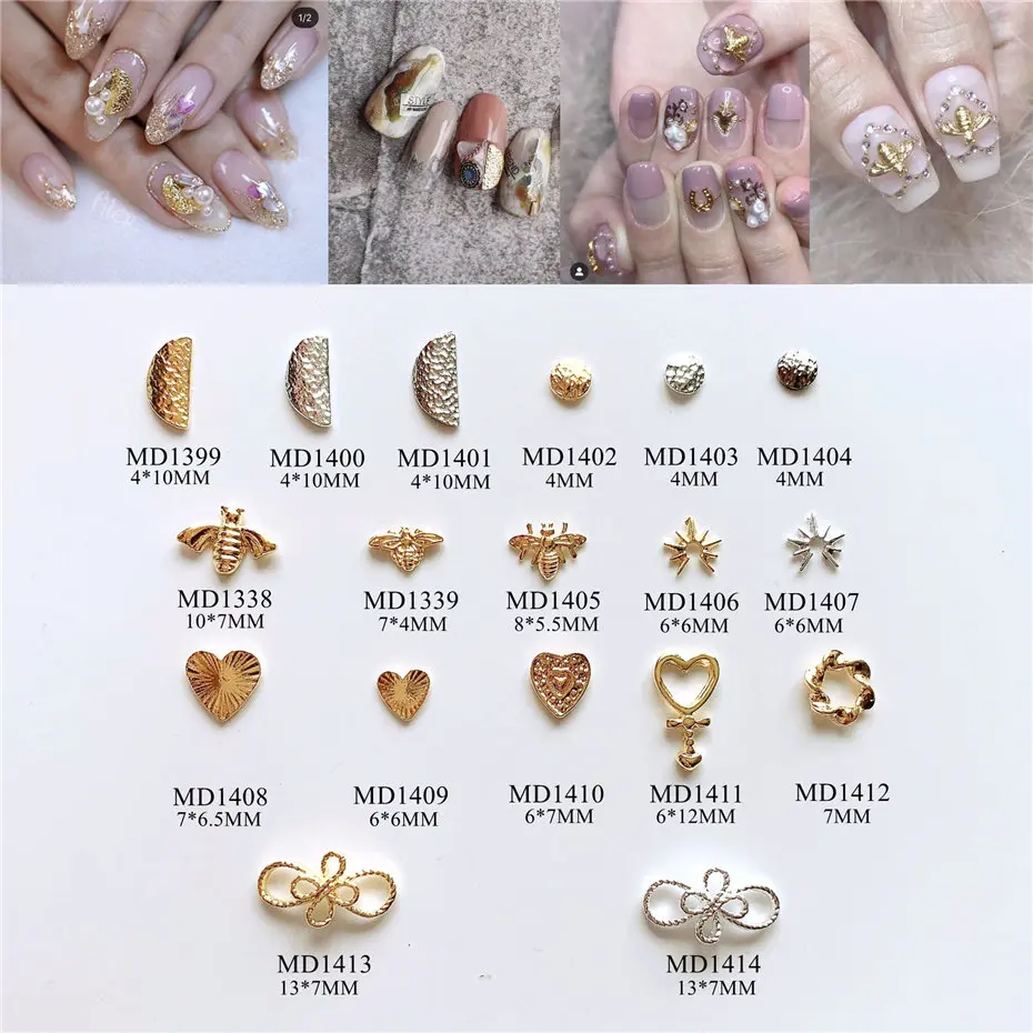 

100pcs/lot Semicircle Bee Heart Bow Alloy Metal Rivets Nail Art Decorations Supplies DIY Nails Accesorios Jewelry Designs Charms