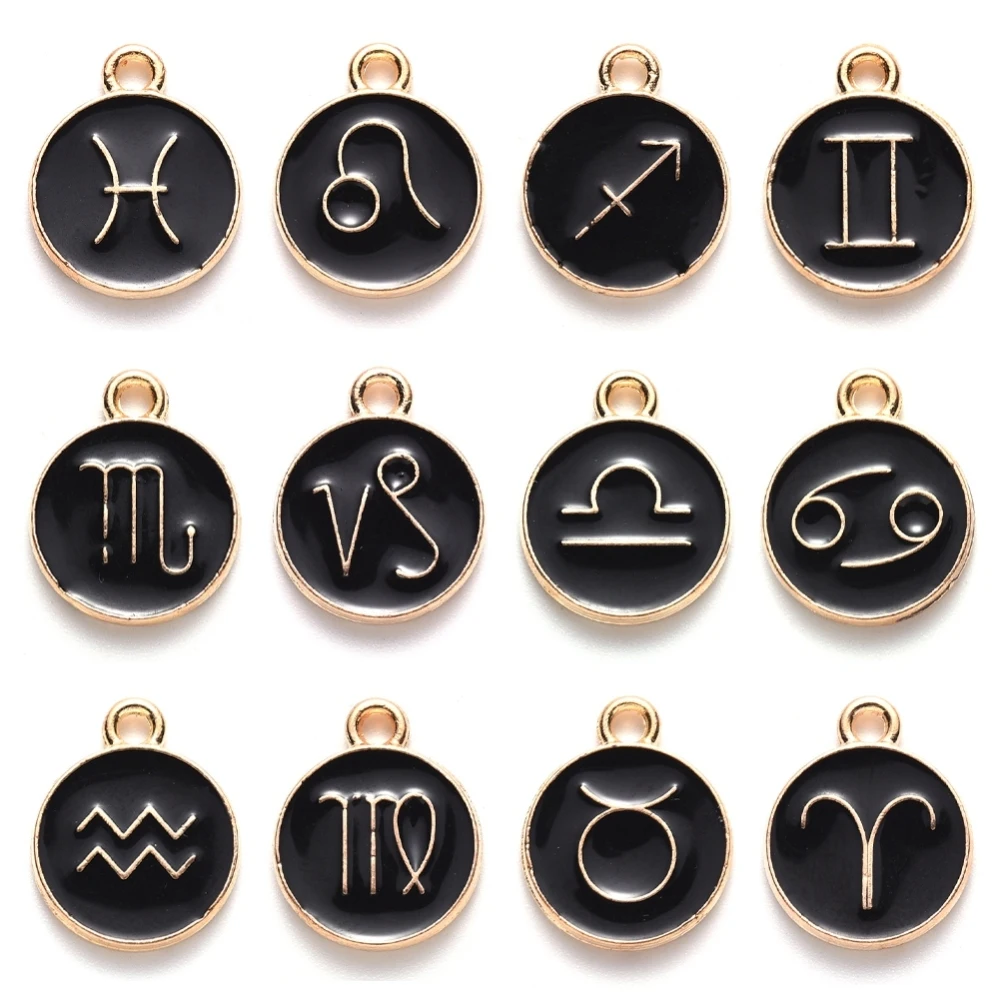 

1 Set Alloy Enamel Pendants Flat Round with Constellation Black 15x12x2mm Hole: 1.5mm about 12pcs/set