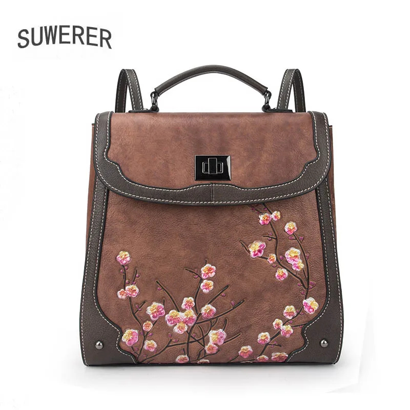 SUWERER New Simple Leisure female backpack women Genuine Leather bags women famous brand real cowhide bag