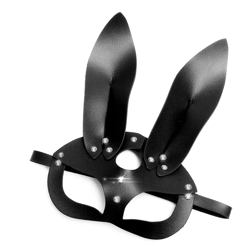 Кожаная маска с длинными ушками для косплея черная кролика шипами сексуальная