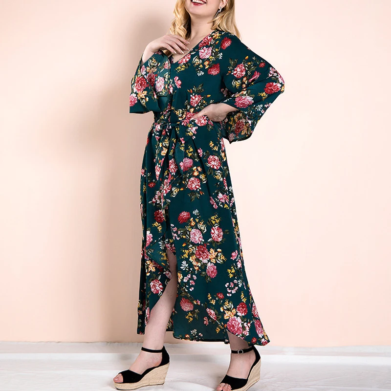 OTEN 2018 Autumn Women Fashion Clothes Long Sleeves V Neck Green Ruffle Flowers printed Casual Party Irregular Dress | Женская одежда