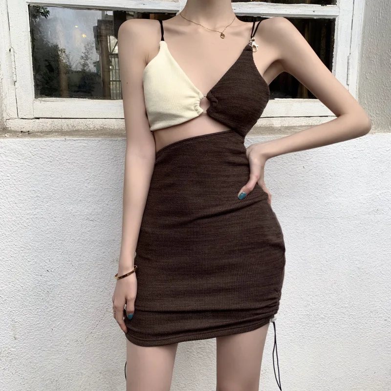 

Women Elegant Sleeveless Dresses Summer V Neck Patchwork Backless Design Party Dress Fashion Casual Vintage Vest Dress Vestidos