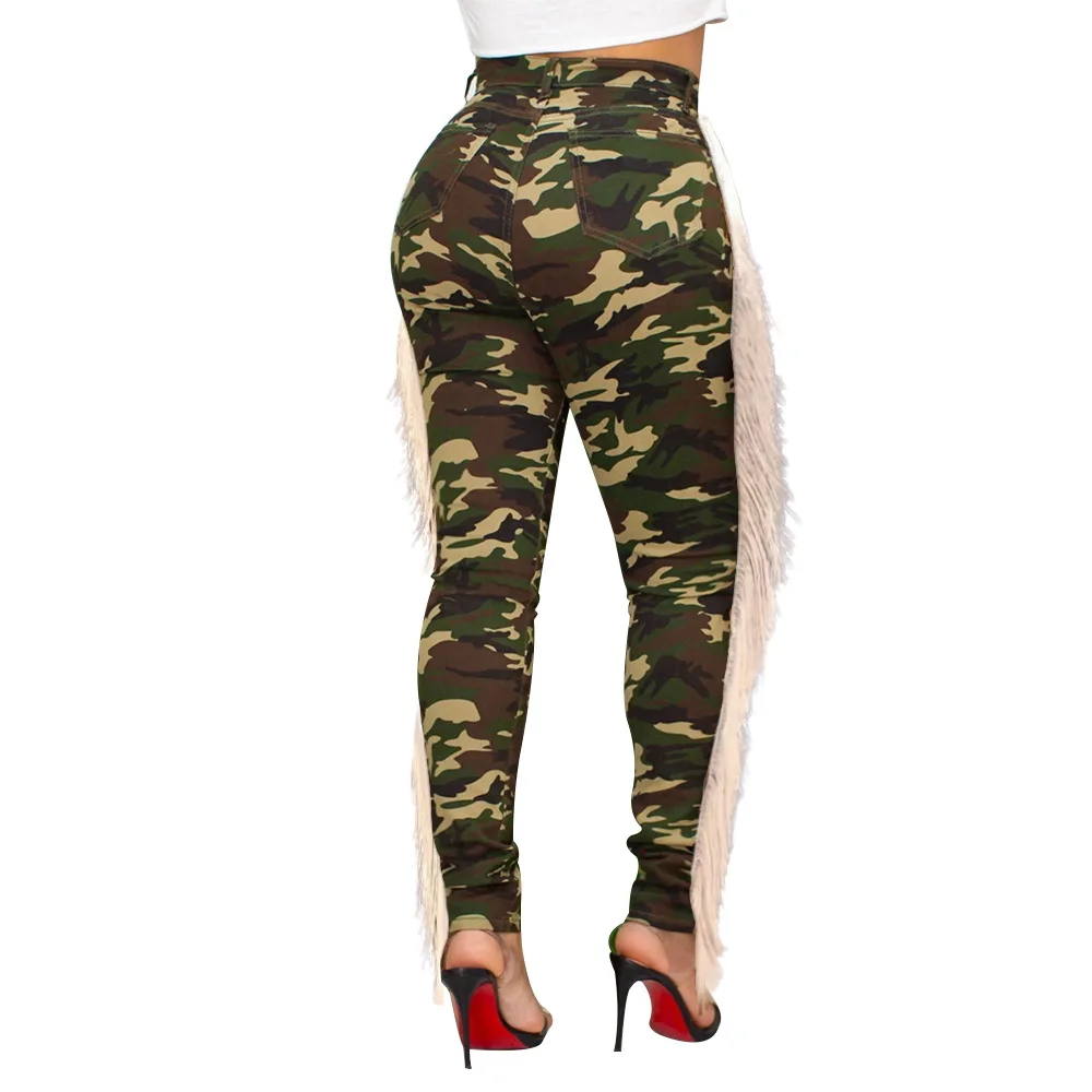Hot new popular women long pants side ripped tassel sexy trousers camouflage print high waist LS3680 |