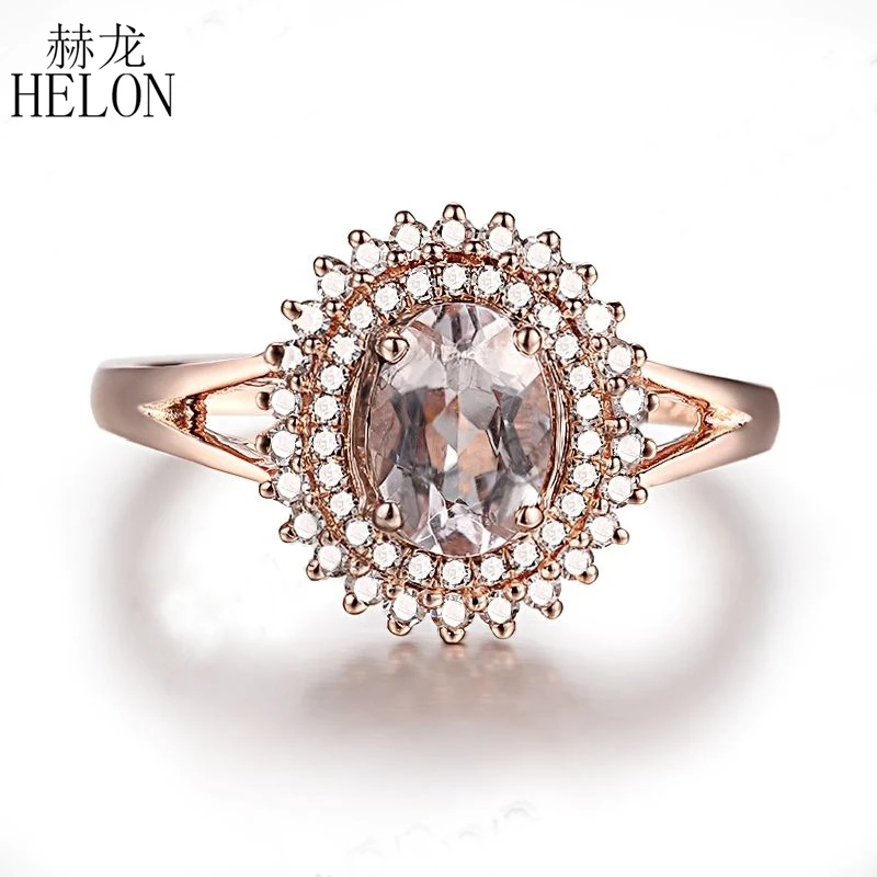 

HELON Solid 14K Rose Gold Flawless Oval 7x5mm Natural Morganite Diamonds Engagement Wedding Ring Women Fine Jewelry Diamond Ring