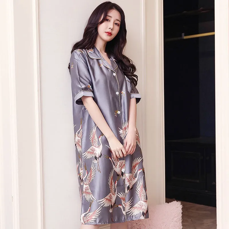 Летняя ночная рубашка с принтом Журавля сексуальная свободная коротким рукавом