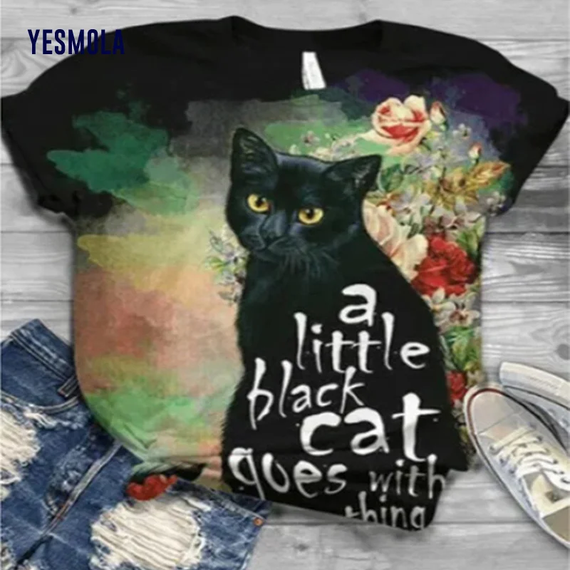 

YESMOLA женская футболка с милым рисунком кошки, топ с мультяшным рисунком, кавайная летняя футболка Harajuku с эстетичным рисунком, Женская одежда...