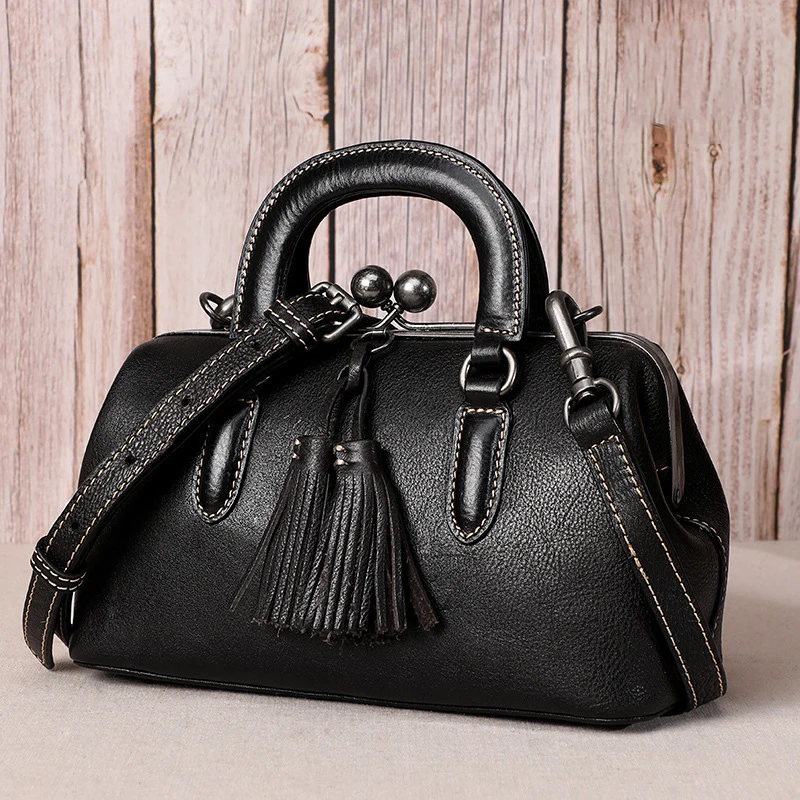 

New mini Boston Mini One Shoulder Messenger Bag Retro Fashion Printed Genuine Top Layer Leather Pillow Bag Dog Teeth Bag