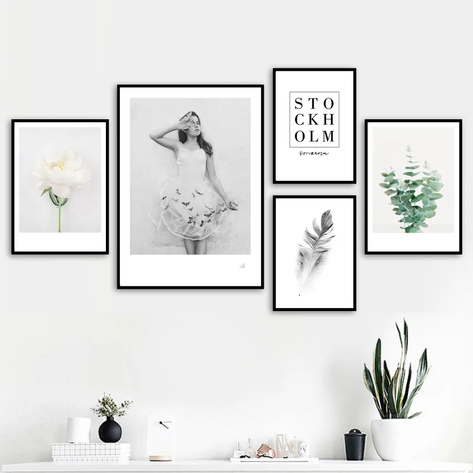 Девушка перо пион лист STOCKHOLM цитаты стены Искусство Холст Живопись скандинавские