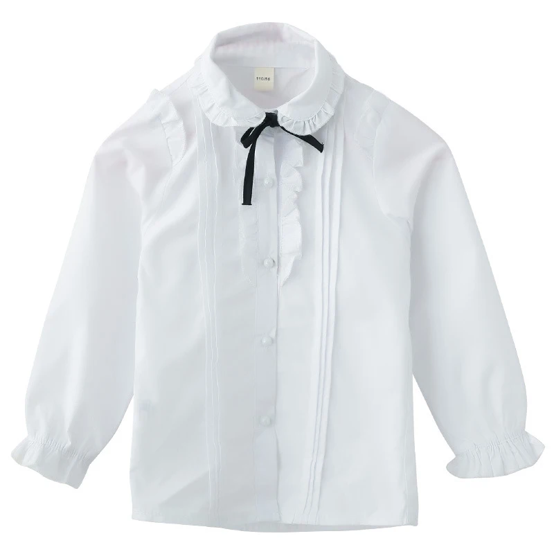 Белые рубашки с длинным рукавом для девочек блузки оборками на шее и бантом