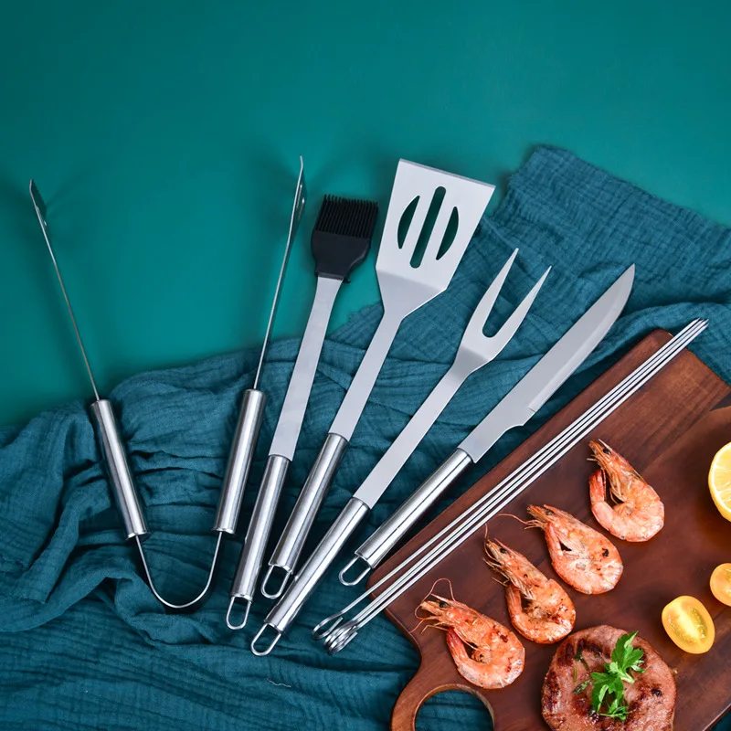 

9pcs Stainless Steel BBQ Tools Set Spatula Fork Tongs Knife Skewers Barbecue Grilling Utensil Camping Outdoor Cooking Tool Set