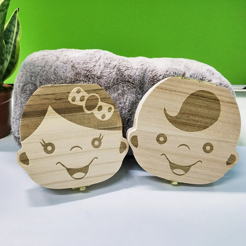 

Wooden Baby Kids Tooth Storage Box English/Spanish/French/Russian/Italian Teeth Umbilical Lanugo Organizer Gift Keepsakes Save