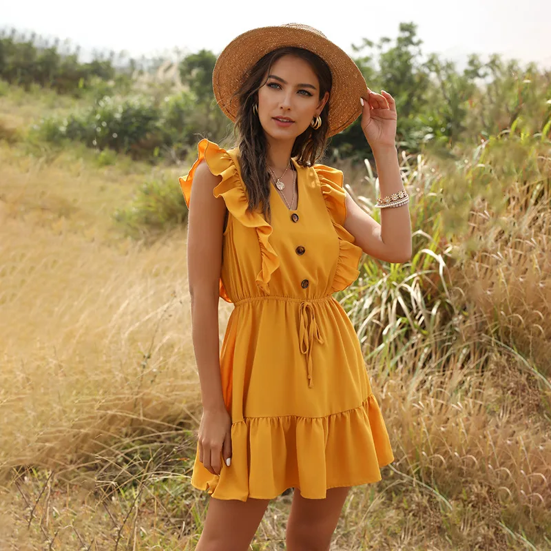 

Women Dresses Summer 2020 Sexy V Neck Boho Beach Dress Chic Ruffle Short Sleeve A Line Mini Dress Womens Sundress Robe