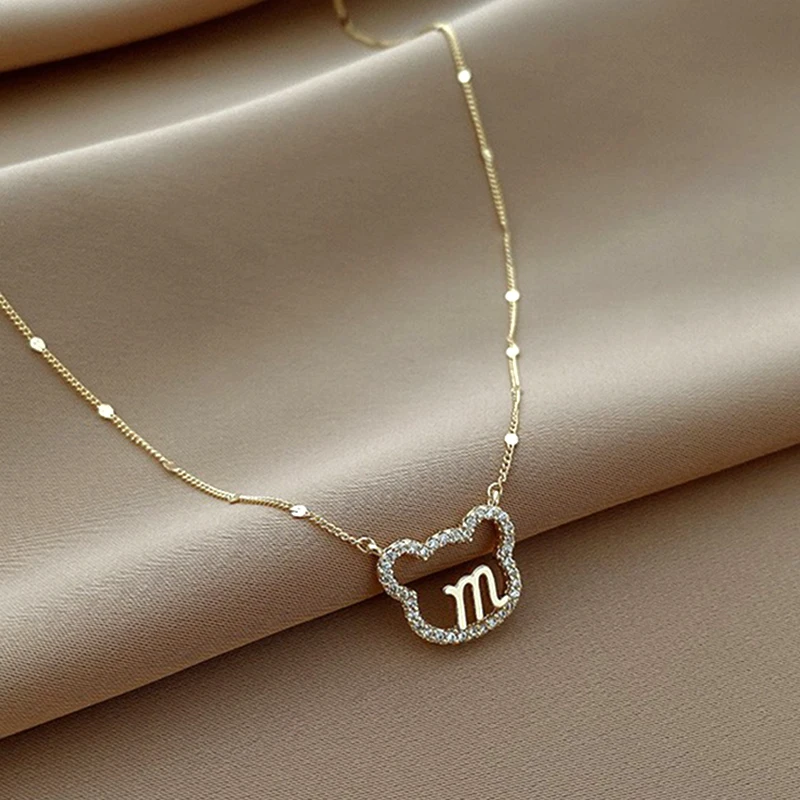 

New Popular Design Little Bear Letter M Chain Pendant Necklace for Women Charm Temperament Jewelry Shiny AAA Zirconia Choker Hot
