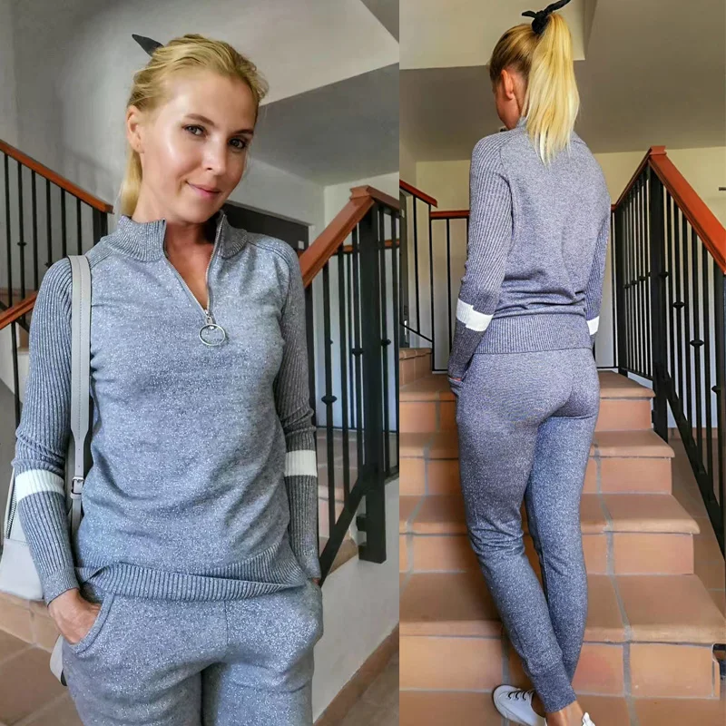 Женский свитер с люрексом костюмы и комплект Повседневные вязаные свитера штаны