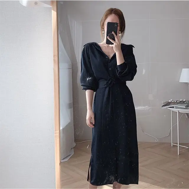 

2020 Early Spring Korean Fan Chic Small Elegant Graceful Lapel Single Breasted Long Shirt Long Dress with Belt