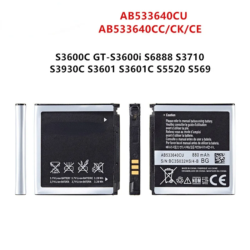 

Orginal AB533640CU AB533640CK/CE Battery 880mAh For Samsung S3600C GT-S3600i S6888 S3710 S3930C S3601 S3601C S5520 S569